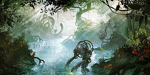 person wearing suit near tree digital wallpaper, fantasy art, river, nature, video games