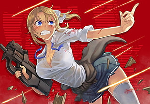 female anime character holding P90 assault rifle wallpaper, FN P90, school uniform, original characters, anime girls