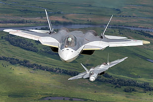 gray and white fighting jets, Sukhoi T-50, military, military aircraft, SU-57