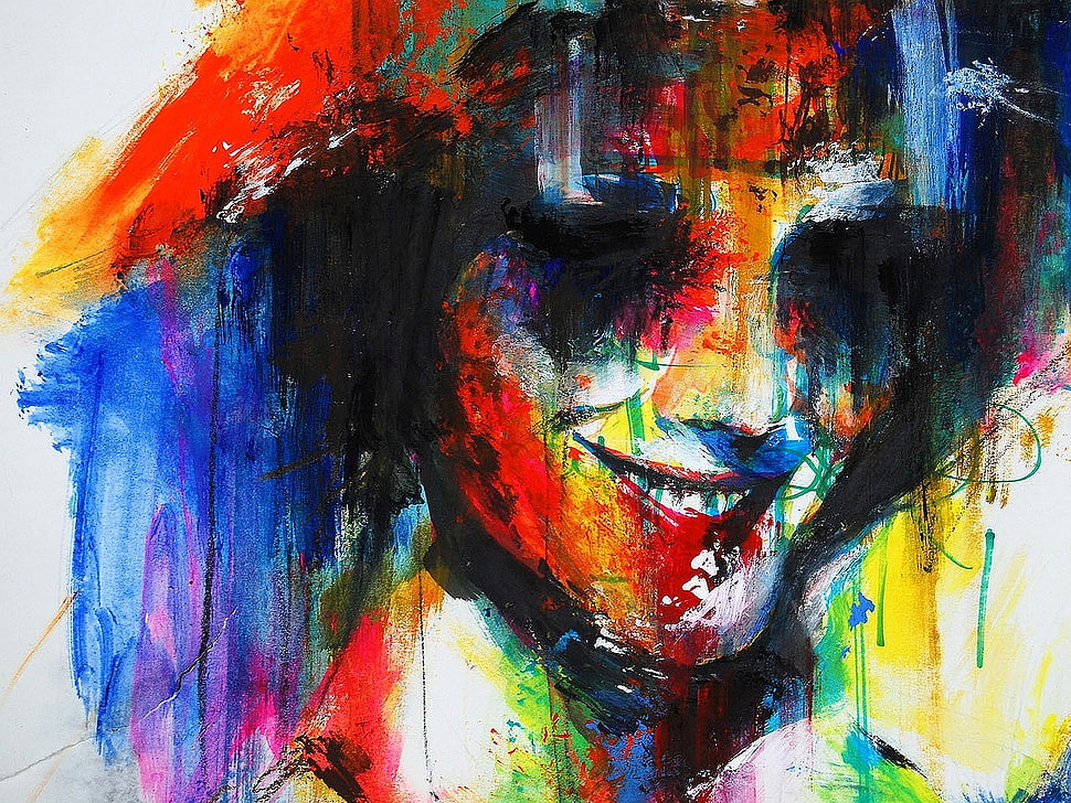 blue, yellow, and red abstract painting, Minjae Lee, painting, colorful, face HD wallpaper