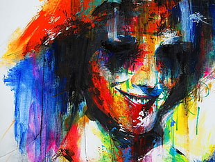blue, yellow, and red abstract painting, Minjae Lee, painting, colorful, face