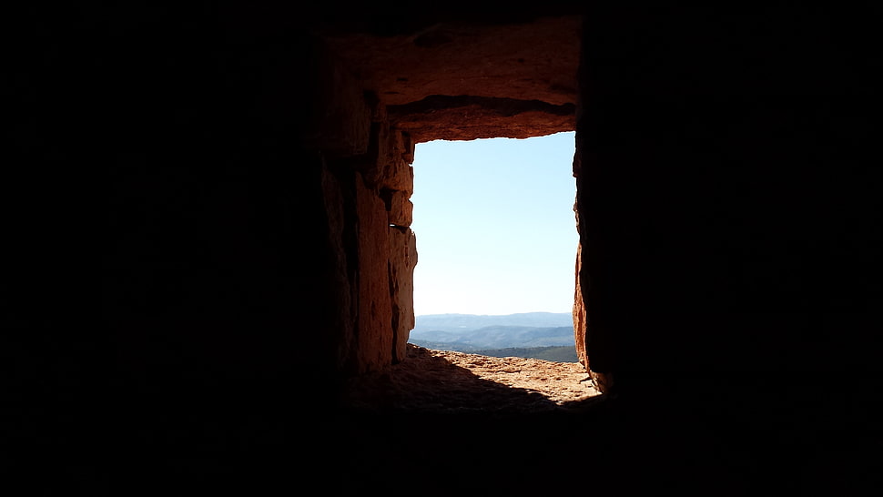 brown stone cave, cave, window HD wallpaper