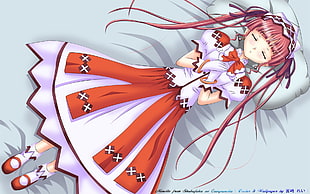 photo of girl wearing red and white dress laying on cushion cross hand on chest and closing eyes anime character