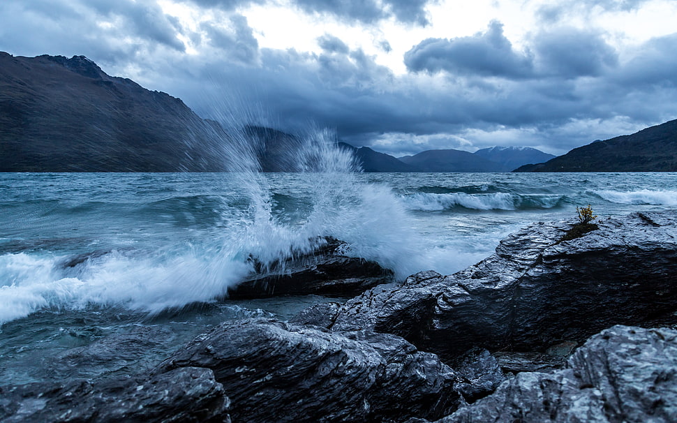 gray rock formation, coast, waves, nature, clouds HD wallpaper