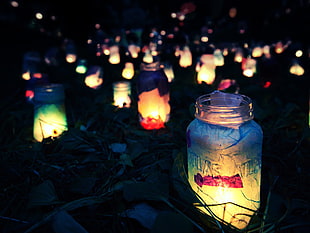 lighted jar lot, depth of field, bottles, lights, night HD wallpaper