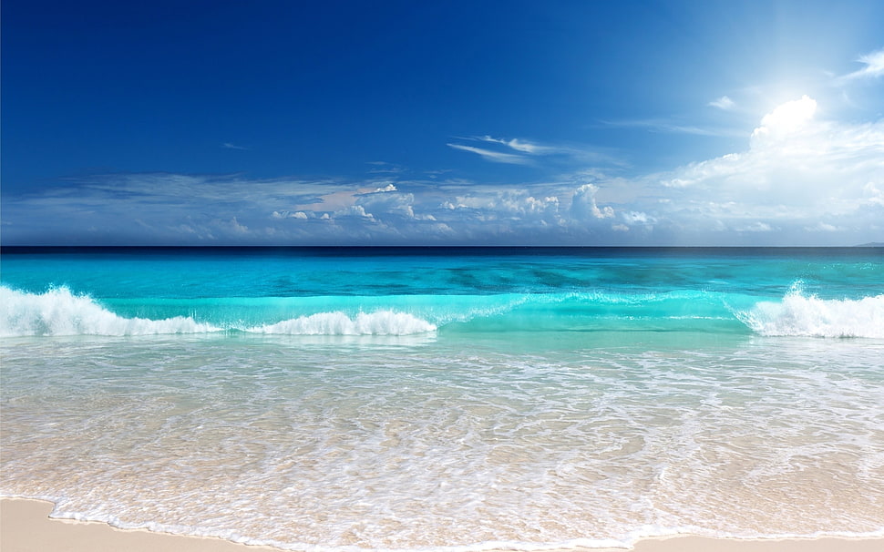 teal ocean, sea, beach, clouds, sky HD wallpaper