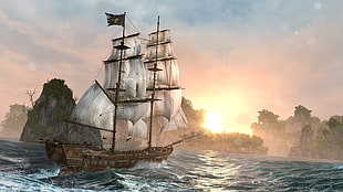 brown and white sail ship painting, river, ship, sunrise, Assassin's Creed: Black Flag HD wallpaper