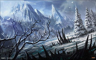 snow capped mountains near trees and frozen river wallpaper, Magic: The Gathering, magic, winter, snow HD wallpaper