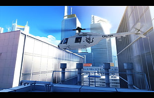 white and black City Eye helicopter, aircraft, sky, skyscraper, Mirror's Edge