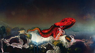 red octopus in ocean painting, digital art, octopus, ship, Roger Dean
