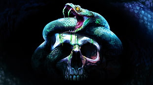 green snake and white skull illustration, digital art, skull, teeth, snake