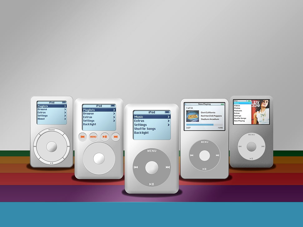 five silver iPod classics HD wallpaper