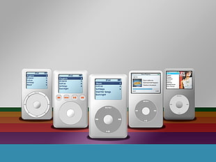 five silver iPod classics