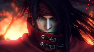 illustration of man wearing red top, anime, anime boys, black hair, red eyes