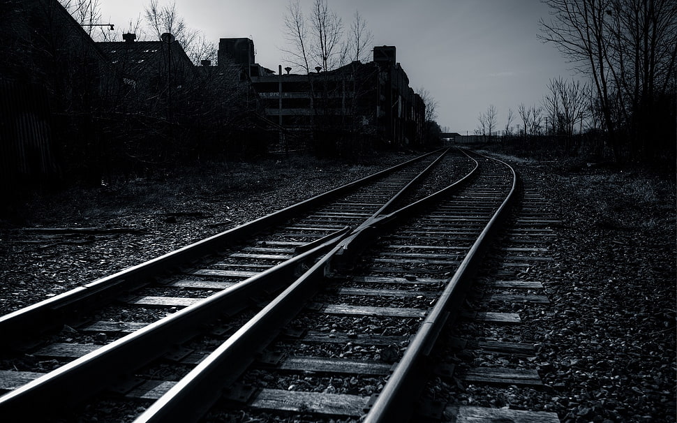 gray scale photo of train rails HD wallpaper