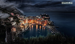 gray village, cityscape, night, lights, sea HD wallpaper