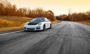 white and black Porsche 911 runs on road during daytime