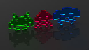 three Minecraft series toys, Atari, video games, neon