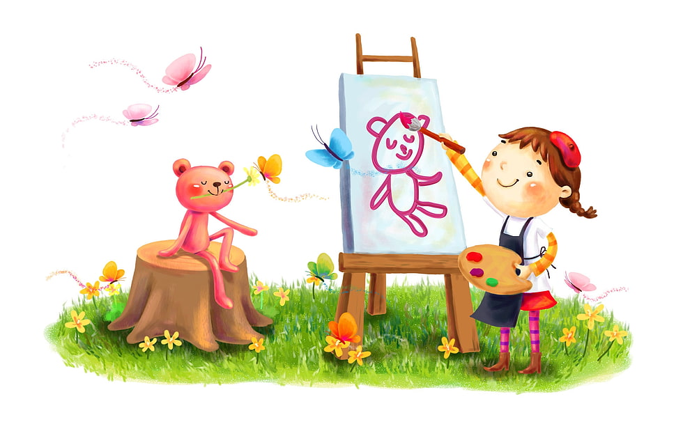pink animal and girl painting clip art HD wallpaper