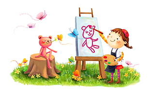 pink animal and girl painting clip art