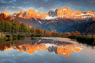 lake with mountain reflection, fall, Alps, Dolomites (mountains), mountains