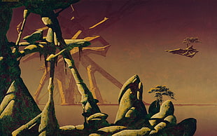 video game poster, Roger Dean, rock formation, fantasy art