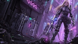 purple and black computer tower, digital art, blonde, long hair, gun