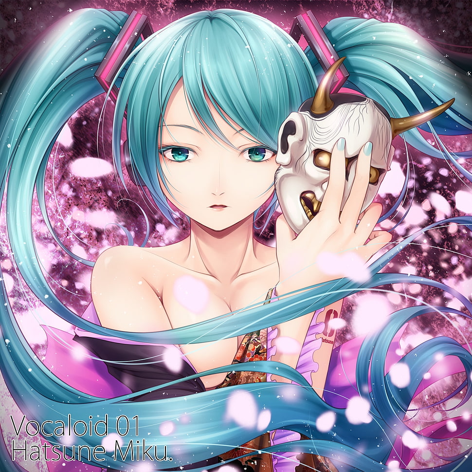 female anime character with teal hair holding white demon mask HD wallpaper