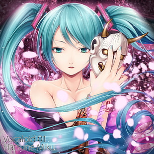 female anime character with teal hair holding white demon mask