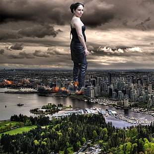 edited photo of woman standing on city town illustration