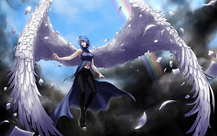 blue haired woman with white wings anime character illustration