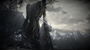 person wearing cape and holding sword digital wallpaper, Dark Souls III, giant, vignette, Dark Souls