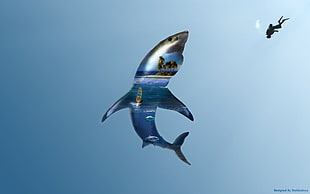 diver and shark illustration, shark, atlantic ocean, underwater, double exposure HD wallpaper