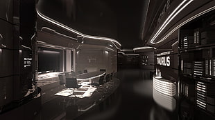 Taurus building interior, futuristic, modern, video games, space station