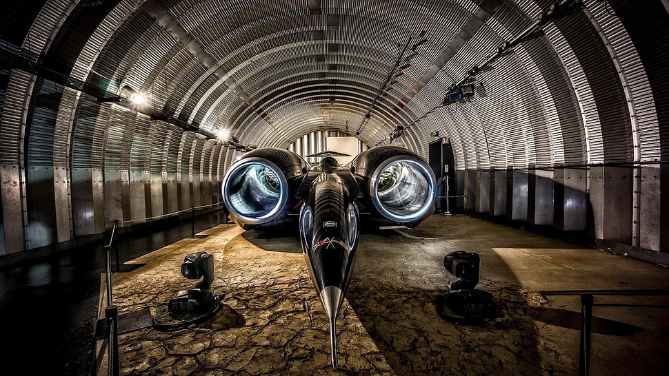 black jet, vehicle, car, turbines, hangar HD wallpaper