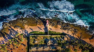 bird's-eye view of lighthouse, lighthouse, El Salvador, aerial view, sea HD wallpaper