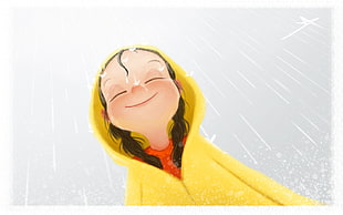 girl wearing yellow rain coat with raindrops illustration
