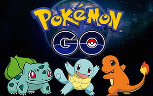 Pokemon Go logo with Bulbausaur, Squirtle, and Charmander illustration