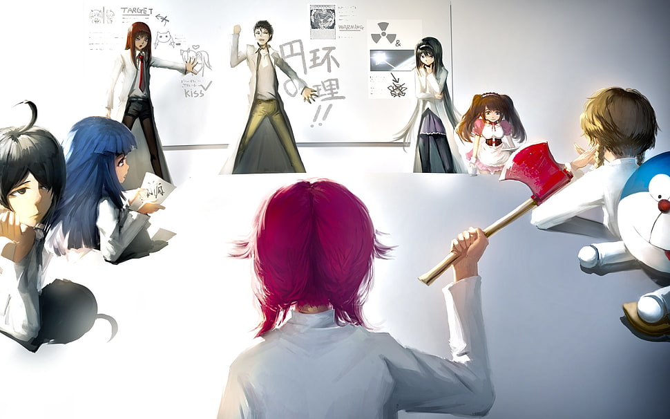 Mahou Shoujo Madoka Magica, Steins;Gate, Makise Kurisu, Okabe Rintarou HD wallpaper