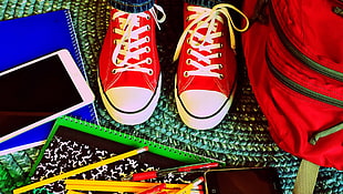 white-and-red sneakers beside white tablet and near black iPod touch HD wallpaper
