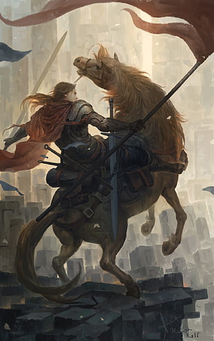 illustration of knight, fantasy art, horse, warrior, sword