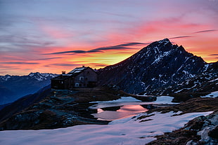gray mountain, mountains, snow, sunrise HD wallpaper
