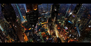 aerial photography of high-rise buildings, cityscape, cyberpunk, futuristic, futuristic city