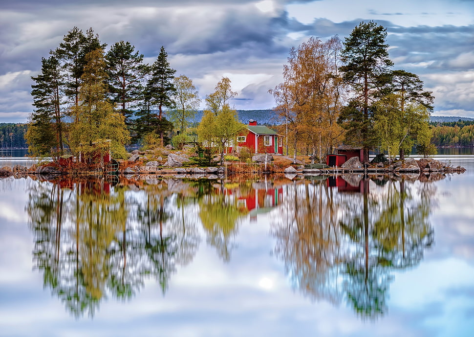 red wooden house, nature, trees, sky, clouds HD wallpaper