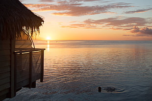 brown and beige nipa hut, Bora Bora, pacific, sunset, sea HD wallpaper