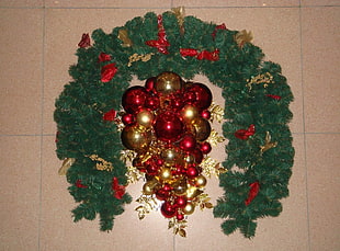 green christmas wreath and baubles