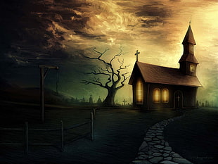 brown cathedral painting, artwork, spooky HD wallpaper