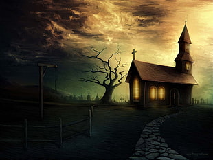 brown cathedral painting, artwork, spooky