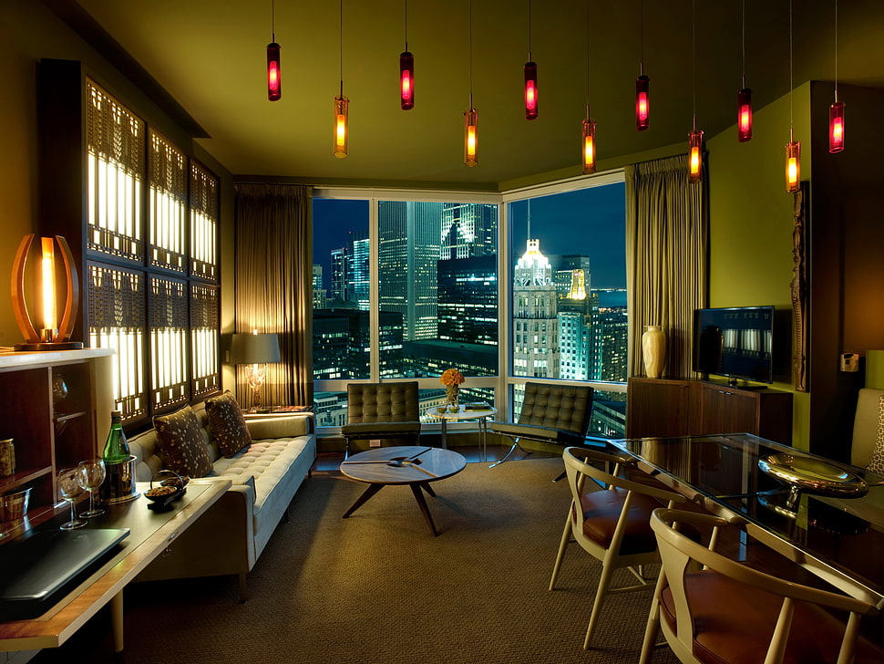 rectangular red and orange pendant lamp lot, apartment, cityscape HD wallpaper