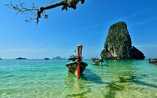 gray and red boat, Railay Beach, Thailand, sea, boat